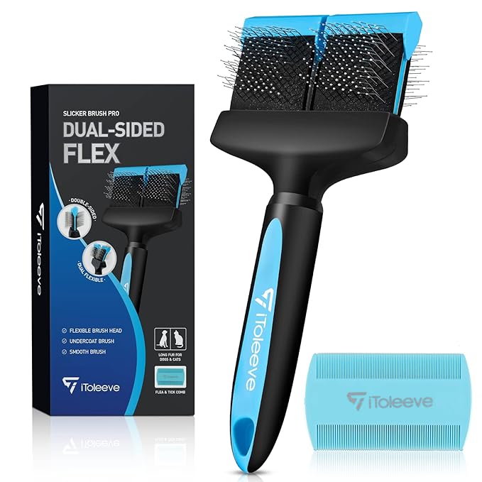 Dual Flex Slicker Brush Dog Brush, Gentle Grooming Tool for Sensitive Dogs & Cats - Ideal for Long Hair, Removes Undercoat, Tangles, and Knots