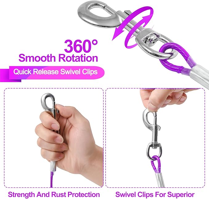 10FT Heavy Duty Dog Tie Out Cable for Large Dogs up to 125lbs, Durable Runner Tether Line (Purple)