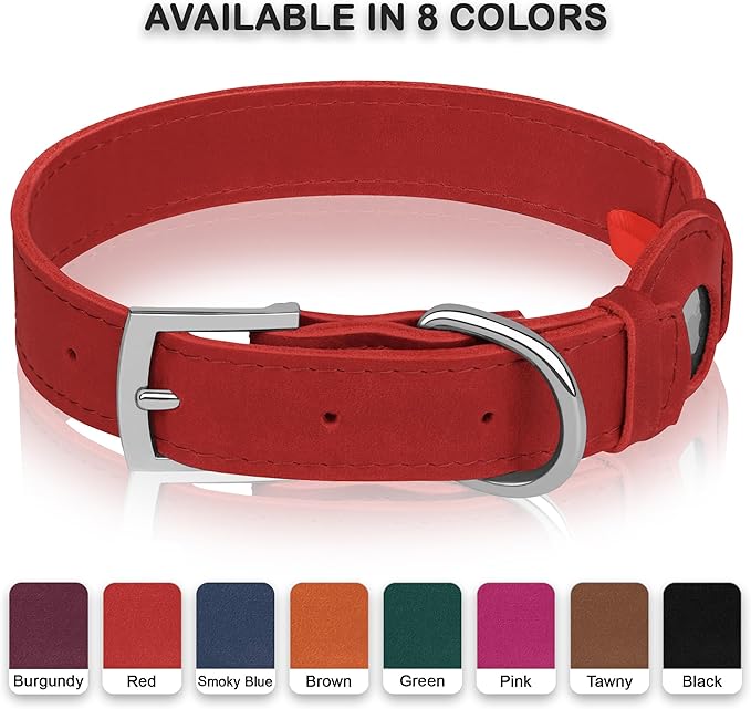 Leather Dog Collar with Airtag Holder - Apple AirTag Dog Collars - Soft Tracking Smart GPS Pet Collar for Small Medium Large Dogs Puppy (Red, XL, 19"-24" Neck Fit)