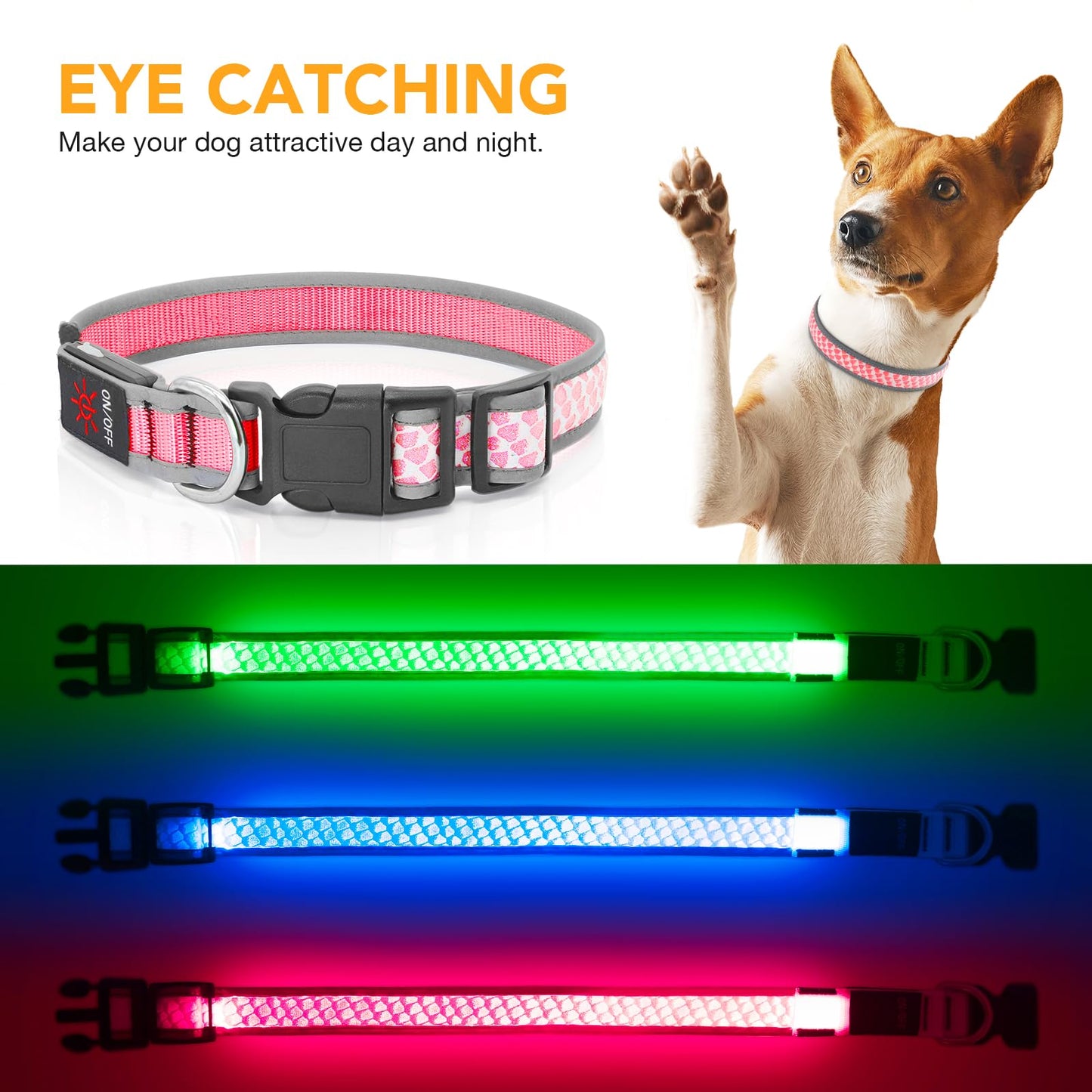 BiPawTi LED Dog Collar - Rechargeable, 3 Light Modes, Glow in The Dark for Night Walking, Large Dogs (Pink, L)