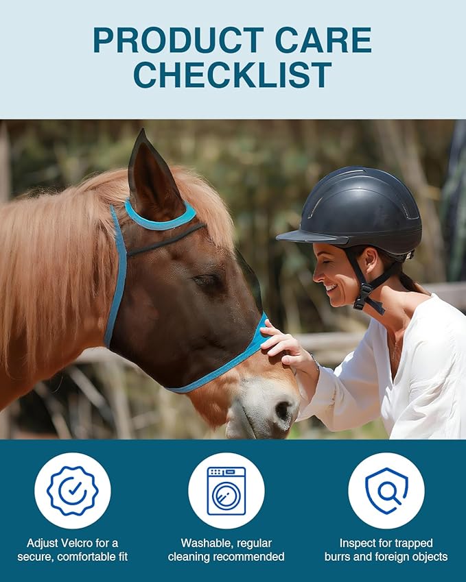 Hilltown Adjustable Fly Mask for Horse with Ears - UV-Block, Large Eye Space, Breathable, Built to Last, Comfort Fit - Horse Fly Mask for Daily Stable, Hot Weather Riding & Competition - Cob, Blue
