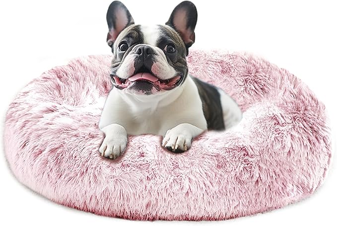 JOLLYVOGUE Large Calming Dog Bed, Anti-Anxiety Donut Cuddler Cat Bed with Anti-Slip Bottom, Fluffy Faux Fur Machine Washable Pet Cushion for Medium Large Dog & Cat, 36"/Smoke Pink