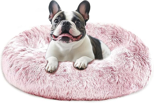 JOLLYVOGUE Medium Calming Dog Bed, Anti-Anxiety Donut Cuddler Cat Bed with Anti-Slip Bottom, Fluffy Faux Fur Machine Washable Pet Cushion for Medium Large Dog & Cat, 31"/Smoke Pink