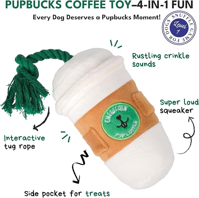 Dog Puzzle Toy, Interactive Snuffle Puppy Toys, Squeaky & Crinkle Sounds for Boredom, Cute Puppy Enrichment Toy, Coffee Cup Plush Toys for All Dog Sizes