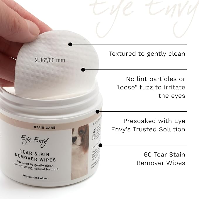 Eye Envy Tear Stain Wipes for Dogs. Textured to Gently Clean. Presoaked in 100% Natural Formula. Recommended by AKC Breeders, Vets, Groomers. Treats The Cause of Staining. USA Made. 60 Dog Eye Wipes