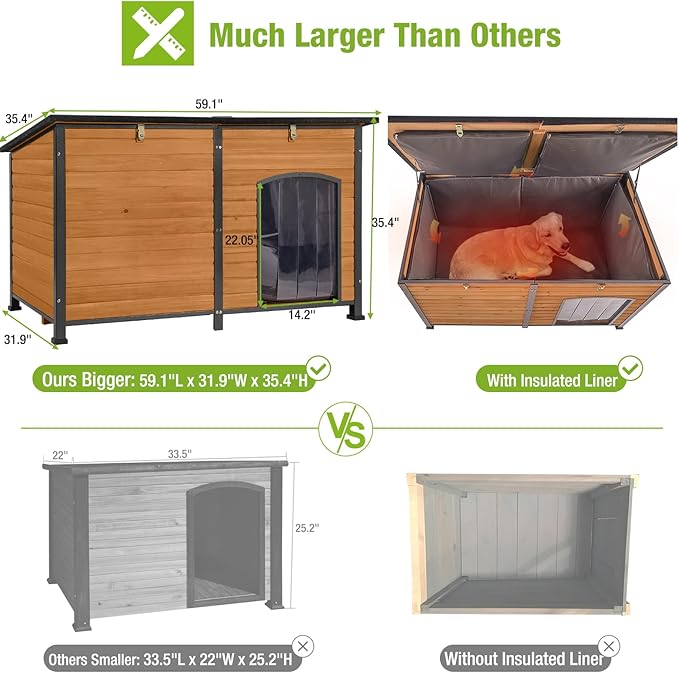 GUTINNEEN 59.1" Extra Large Dog House Outdoor Insulated for Winter with Durable Metal Fame, Brown