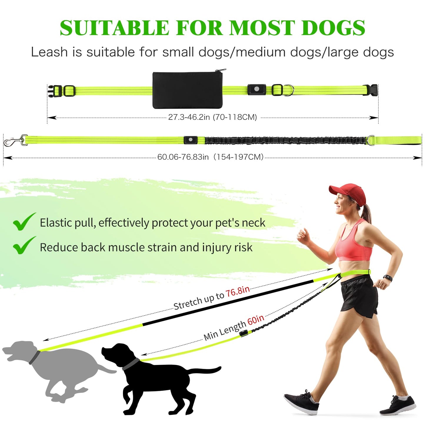 LED Hands Free Dog Leash, Waist Leash for Dog Walking, Retractable Bungee Light Up Dog Leash, LED Handless Dog Running Leash, Reflective Running Leash for Jogging Training Hiking (Green)