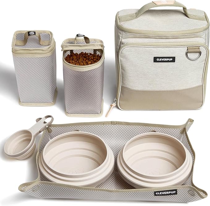 Large 7-Piece Bistro Box Dog Food Travel Kit, 12-Cup Kibble Storage, 2 Silicone Bowls, Mat & Scoop - Premium Portable Pet Food Kit for Weekends, Overnights, Daycare & Camping, Sand