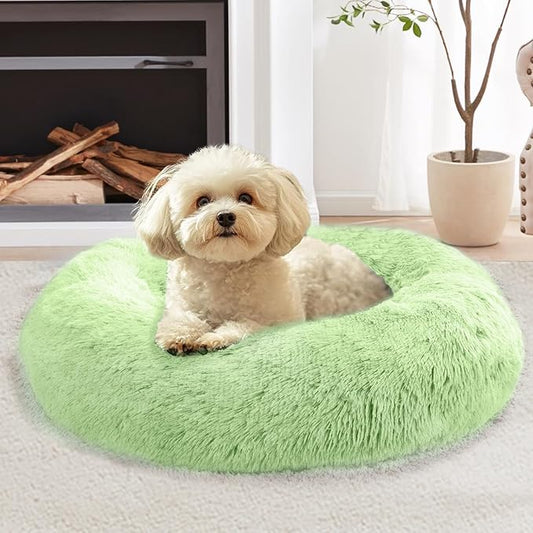 JOLLYVOGUE Calming Dog & Cat Bed for Large Dogs, Anti-Anxiety Donut Cuddler Cozy Soft Round Bed with Anti-Slip Bottom, Fluffy Faux Fur Plush Cushion Beds for Medium Dogs (36")