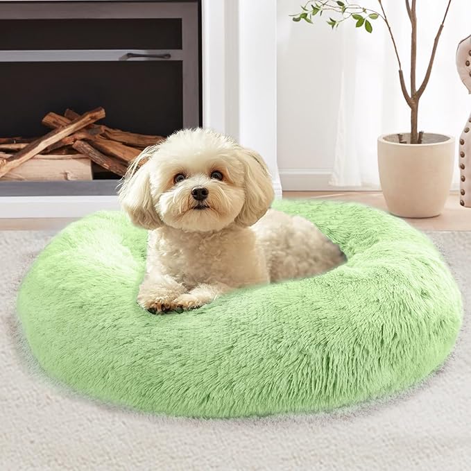 JOLLYVOGUE Calming Dog & Cat Bed for Small Dogs, Anti-Anxiety Donut Cuddler Cozy Soft Round Bed with Anti-Slip Bottom, Fluffy Faux Fur Plush Cushion Beds for Small Medium Pets (23")