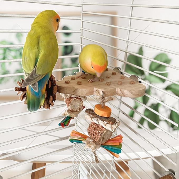 Parrot Toys, Parrot Wooden Bird Toys, Long Tailed Parrot Toys with Pure Natural Corn Sticks, Small and Medium-Sized Parrot Toys with Pure Natural Pine Cones, Fun Bird Cage Accessories