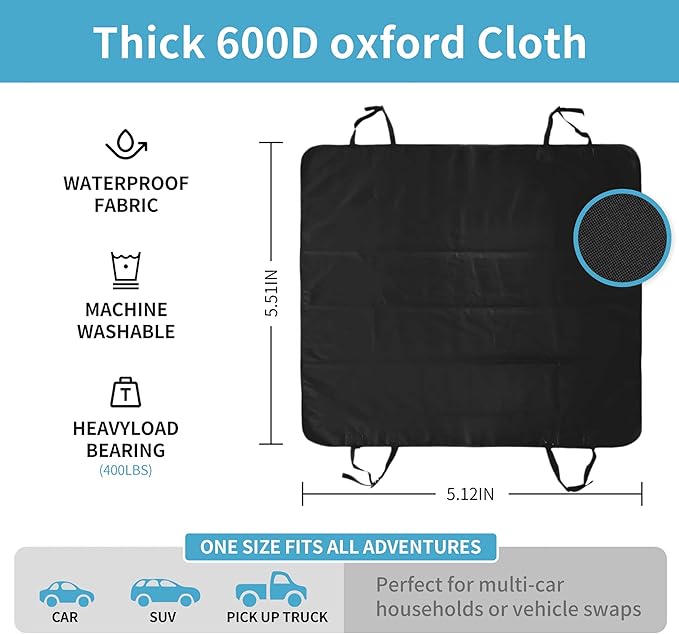 Dog Hammock Car Seat Cover –100% Waterproof, 600D Heavy Duty with Side Flaps | Scratch-Proof, Nonslip Back Seat Protector for Cars, Trucks, SUVs，dog car seat cover for back seat (Black/Thin)