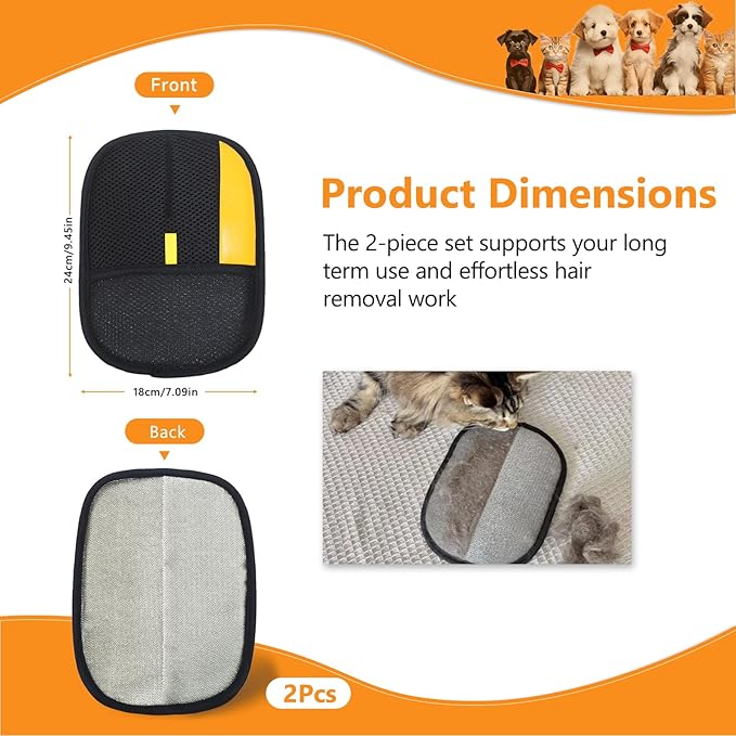 2 Pcs Pet Hair Removal Glove for Cats & Dogs,Electrostatic Pet Hair Gloves Pet Hair Remover Gloves,Reusable Pet Hair Remover Tool,Cat Grooming Gloves For Couch Clothes Carpet Car Seat,9.45 *7.1 in