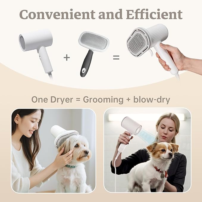 Dog Hair Dryer, Professional 2-in-1 Pet Hair Dryer & Grooming Brush with Removable Comb, Adjustable Temperature/Speed, Portable Dryer for Dogs and Cats