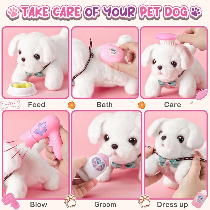 Golray Toy Dog for Kids Girls, Stuffed Dog with Heart Beat & Skeleton Transform, Sling Carrier & Toddler Girl Toy Kid Plush Puppy Pet Care Pretend Play Set, Birthday Gift for Girl 3 4 5 6 7 Years Old