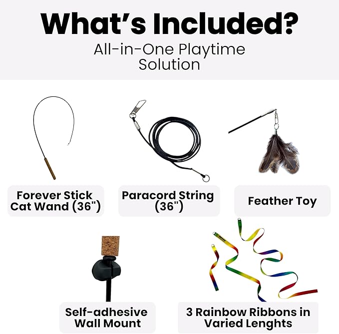 Forever Stick Ribbons - The Unbreakable Cat Toy Wand & Ribbon Attachments (3 Pc), Extra Long Durable Interactive Cat Toy for Indoor Cats, Feather Kitten Toys for Bored Indoor Adult Cats
