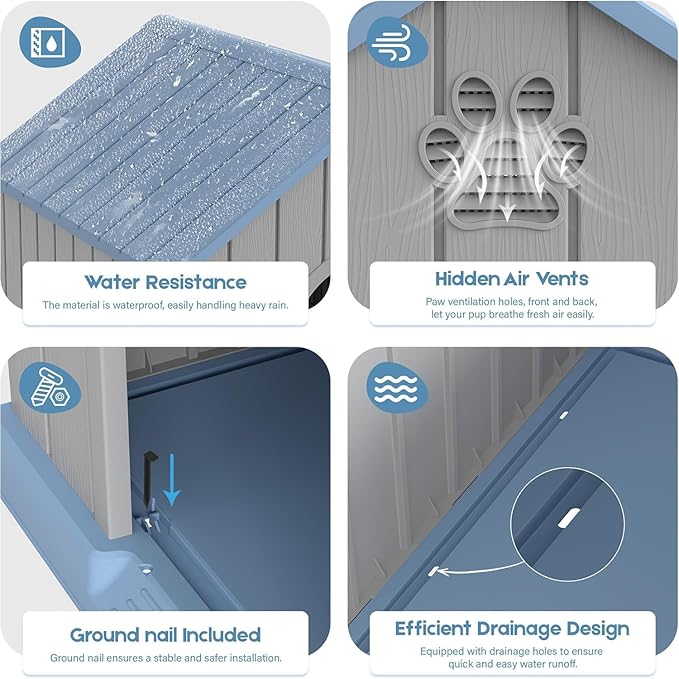 Large Dog House Outdoor Indoor for Medium Large Dogs, Durable Plastic Waterproof Doghouse with Air Vents and Elevated Floor, Easy Clean and Assemble (Blue2, 36.2''L×38''W×38''H)