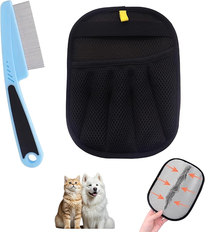 Electrostatic Pet Hair Remover Glove, Reusable Pet Hair Removal Glove for Dog & Cat Grooming, Double Sided Static Pet Hair Fur Remover Tool Mitt Gloves (2PCS) (1 Gloves+1 flea Comb)