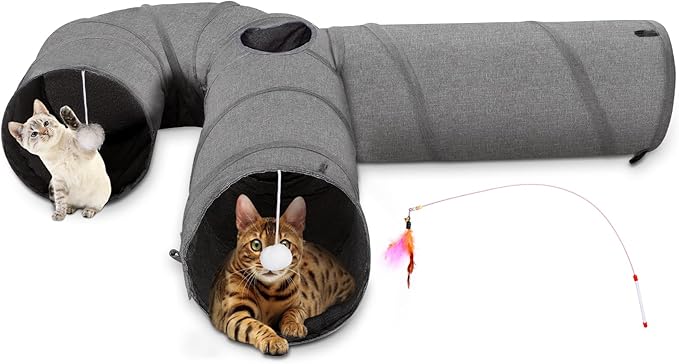 Ownpets Cat Tunnel Large 3 Way Collapsible Cloth Pet Tunnel Tube with Plush Ball & Feather Toy, U-Shaped Cat Play Tunnel for Indoor Cat, Puppy, Kitty, Kitten, Rabbit(Gray)