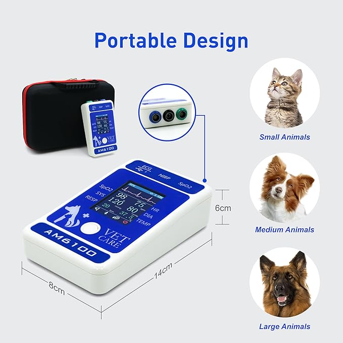 Handheld Veterinary Pulse Oximeter,Rechargeable Dog Blood Pressure Monitor, 6 Parameters Animal Patient Mnitoring Equipment with 2.4" Display and Bluetooth for Pets Cat Home Clinic Use