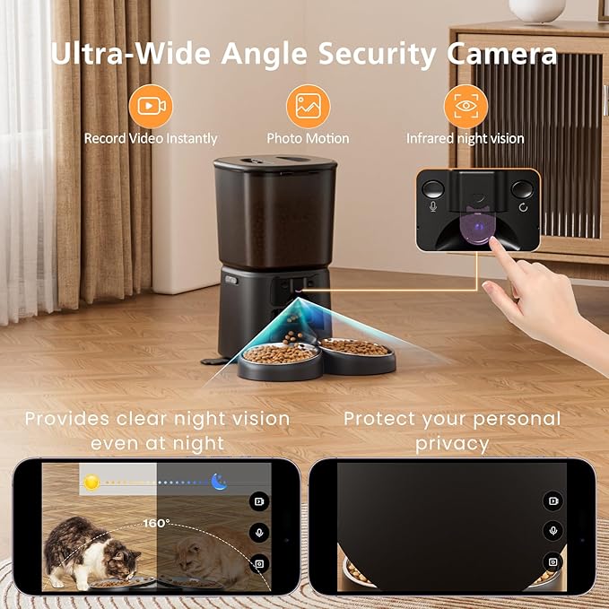 Automatic Cat Feeder with Camera, 6L WiFi Smart Pet Feeder with APP Control, 1080P HD Video, Voice Call, Motion Detection, Dual Power Supply, for Dogs Cats, Small-Pet(Black, 6L)