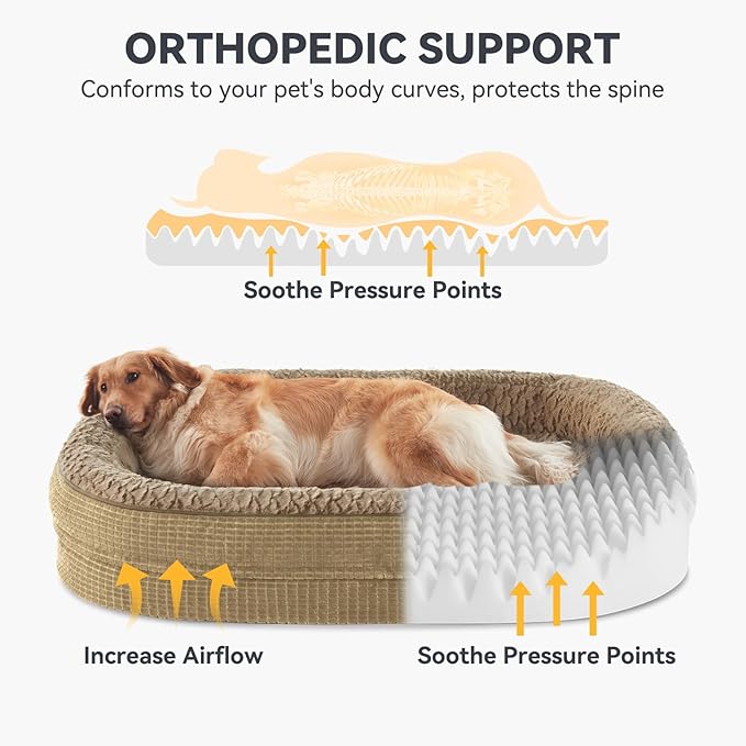 JOEJOY Orthopedic Dog Beds Large Sized Dog, XL Egg-Crate Memory Foam Pet Couch Bed with Bolster Sides, Waterproof Lining, Removable Washable Cover & Non-Slip Bottom, Light Brown