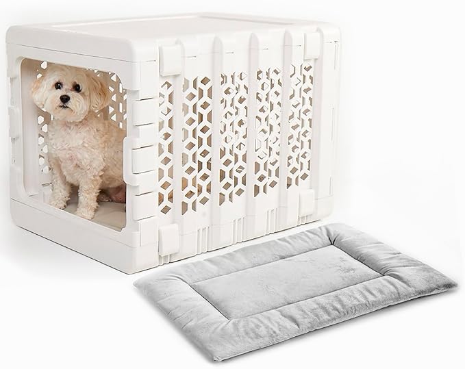 KindTail PAWD Collapsible Dog Crate with Washable Bed, for Pets Between 15 and 25 lbs, Such as French Bulldog, Maltese, Pomeranian, Portable Indoor Kennel, 26” L x 20” W x 21” H, 14 LB, Medium White