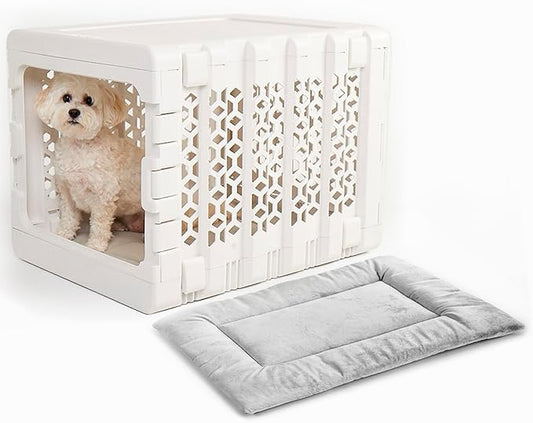 KindTail PAWD Collapsible Dog Crate with Washable Bed, for Pets Between 15 and 25 lbs, Such as French Bulldog, Maltese, Pomeranian, Portable Indoor Kennel, 26” L x 20” W x 21” H, 14 LB, Medium White