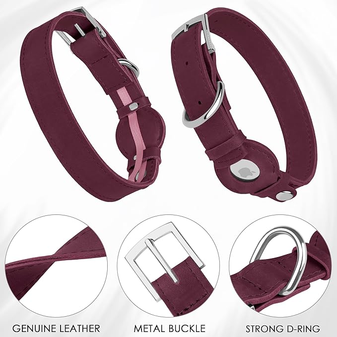 Leather Dog Collar with Airtag Holder - Apple AirTag Dog Collars - Soft Tracking Smart GPS Pet Collar for Small Medium Large Dogs Puppy (Burgundy, S, 9"-12" Neck Fit)