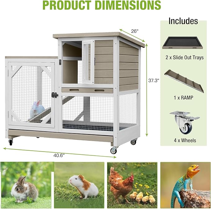 GUTINNEEN 2-Story Rabbit Hutch with Chew-Proof Ramp & Pull-Out Trays - Indoor/Outdoor 39.3" Wooden Rabbit Cage on Wheels for Rabbits, Guinea Pigs (Light Brown)