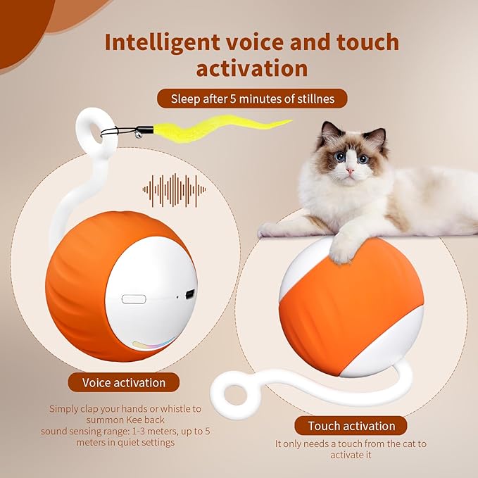 Cat Toys Interactive for Indoor Cats, Touch & Sound Smart Control - Fast slow 2 Speed Motion Activated Cat Ball Toy for Bored Cats With LED Lights, Feathers Tail, USB Charging Cable, 6in1 - Orange