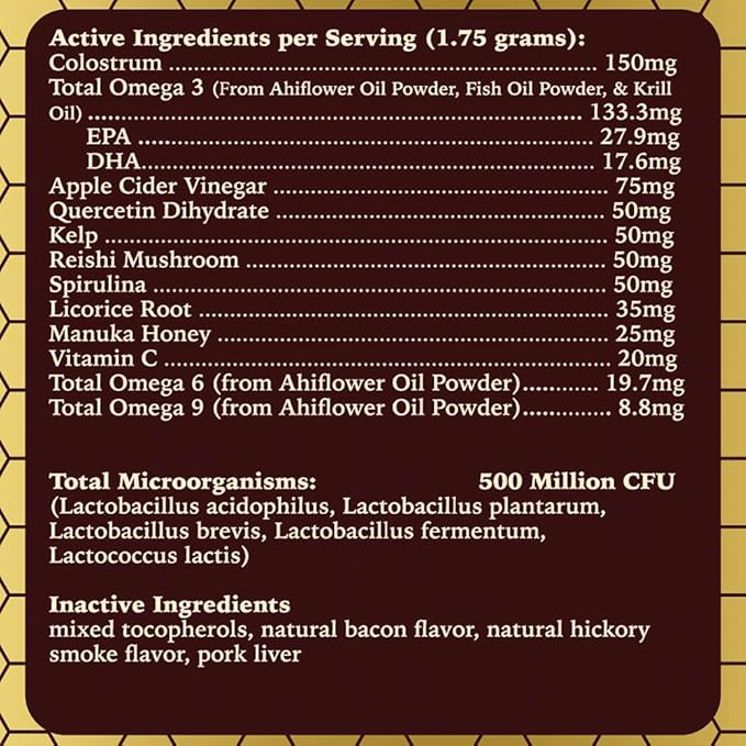iHeartDogs Honey Guard Allergy & Itch Omega-3-6-9 Powder for Dogs Extra Strength with Manuka Honey, Quercetin, Colostrum, Kelp, Krill Oil & Probiotics - 90 Scoops