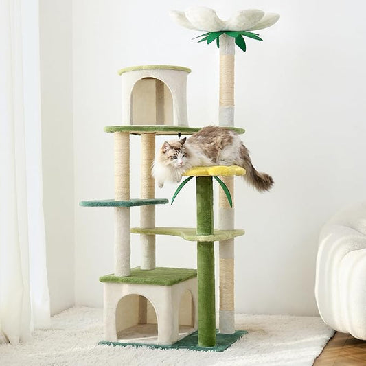 HYABi 64-Inch Cute Avocado Flower Large Tall Garden Cat Tree Tower Condo House Furniture Bed Plush Ball Activity Platform Multi-Level with Scratching Posts for Indoor Cats Play