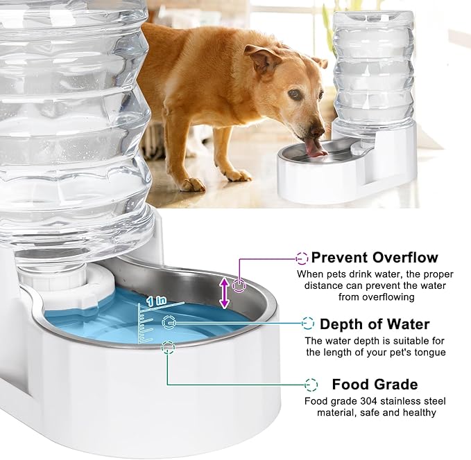 RIZZARI Automatic 7L Pet Waterer,Gravity Stainless Steel Water Dispenser, 100% BPA-Free, Large Capacity Water Feeder for Cats and Medium and Large-Sized Dogs (White,7L)
