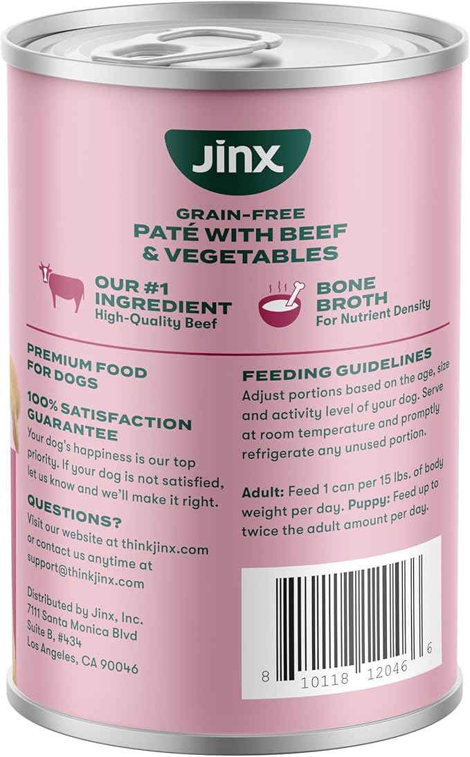 Jinx Premium Wet Dog Food Cans - Beef Pate - Grain-Free Canned Dog Food Pate & Topper with Real Ingredients & No Fillers - All Life Stages, Breeds & Sizes - 12-Pack, 13 Oz