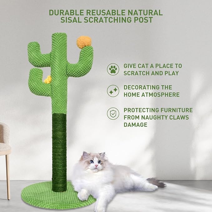 Kitten Cat Scratch Post - 25'' Cactus Scratching Posts with Sisal Cats Claw Scratcher Scratching Posts for Indoor Cats Adults，Vertical Green Cat Tree with Flower for Kitten