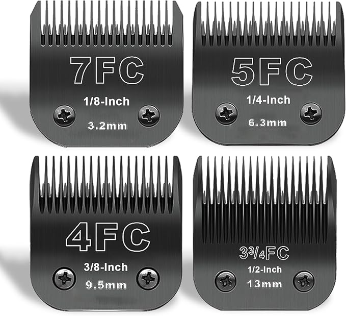 Black Detachable Pet Dog Grooming Clipper Stainless Steel Blades Set,Compatible with Andis,Oster A5,Wahl KM10 Series Clippers,4 Pack (7FC+5FC+4FC+3FC)