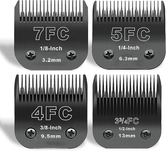 Black Detachable Pet Dog Grooming Clipper Stainless Steel Blades Set,Compatible with Andis,Oster A5,Wahl KM10 Series Clippers,4 Pack (7FC+5FC+4FC+3FC)