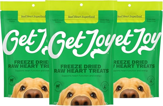 Get Joy Freeze Dried Superfood 100% Beef Heart Dog Treats, 4 Ounce Bag (Pack of 3), Single Ingredient Organ Meat, High Protein, Heart Health, Energy, Grain Free, Gluten Free, Made in USA