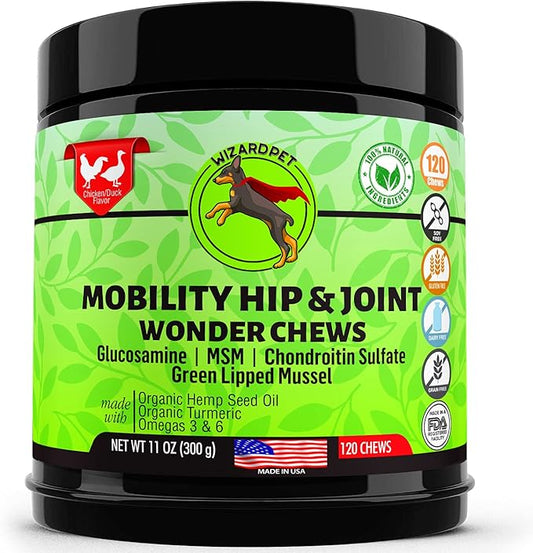 Advanced Hemp Hip and Joint Supplement for Dogs Hemp Oil Glucosamine Chondroitin for Dog Omegas Turmeric MSM Green Lipped Mussel Made in USA Treats Support Mobility 120 Chews