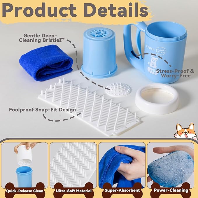 Small Pet Paw Cleaner Cup - Easy Press Design Dog Foot Washer with Soft Massage Brush & Absorbent Towel - Reusable Durable Paw Cleaning Cup for Dogs Cats, Easy to Clean Handheld Bath Tool