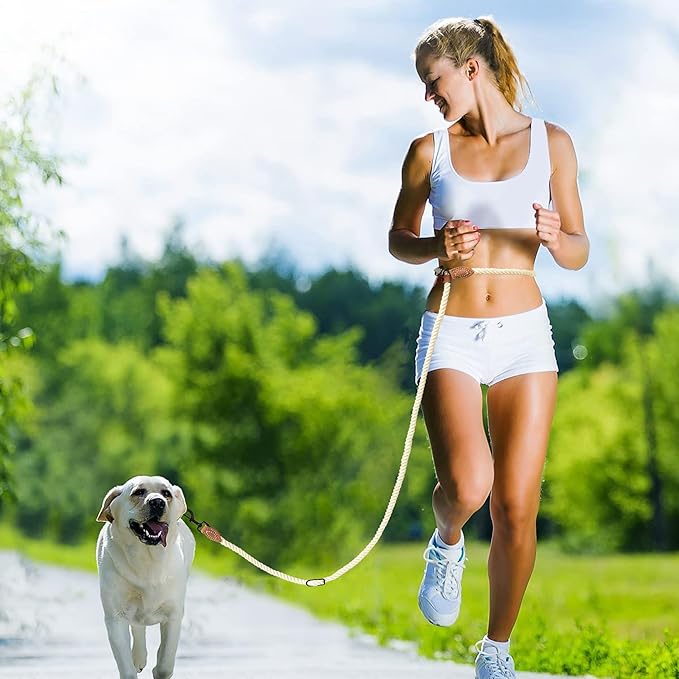 Mile High Life Hands Free Dog Leash, Crossbody Waist Leash with Genuine Leather Connection, Multifunctional Adjustable Slip Lead for Dog Walking Running (Cream, 7FT)