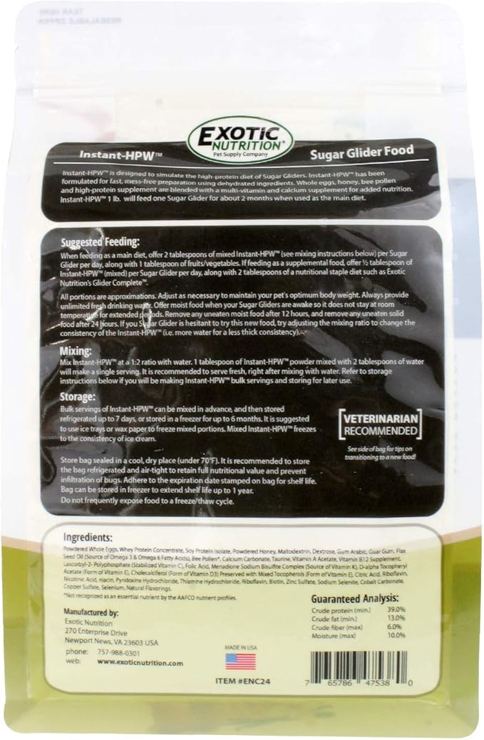 Instant-HPW 18 lb (Makes 24 lb) - All Natural Vitamin Enriched Sugar Glider Food - Healthy & Nutritious - High Protein Wombaroo - Staple Diet