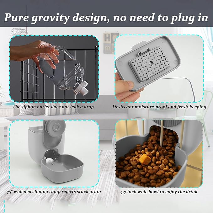 Kenond Hanging Automatic Food Water Dispenser, 35oz Rabbit Feeder Guinea Pig Water Bottle Feeder for Ferret Guinea Pig Rabbit Bunny Cage Accessories(Gray)