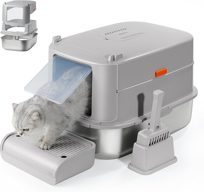 Stainless Steel XL Cat Litter Box with Lid & Door Flap, Extra Large Enclosed Metal Litter Box with High Sides, Light Grey