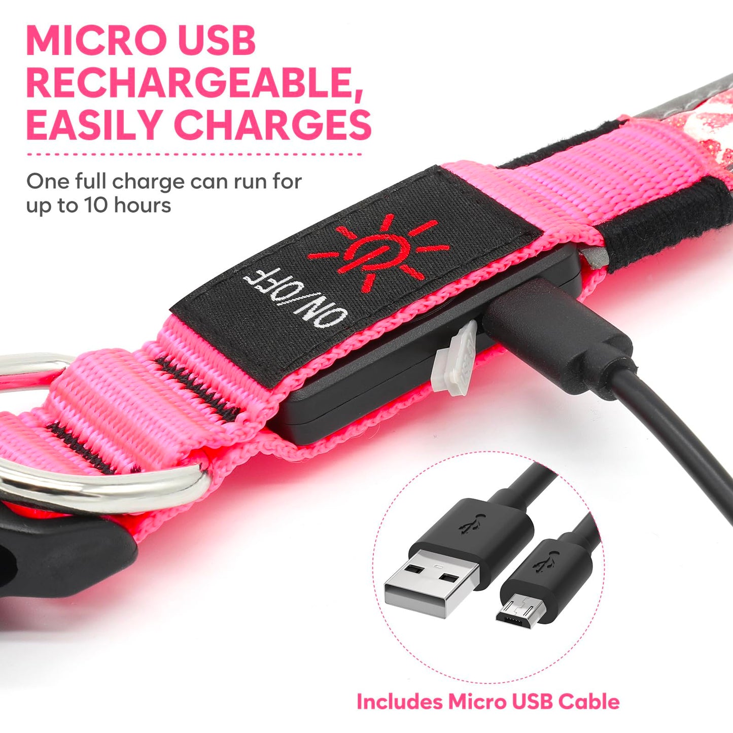 BiPawTi LED Dog Collar - Rechargeable, 3 Light Modes, Glow in The Dark for Night Walking, Large Dogs (Pink, L)