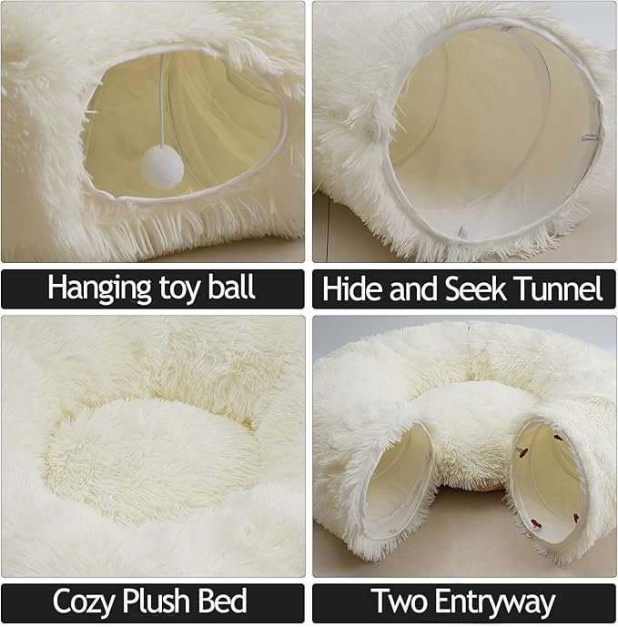 White Fluffy Warm Plush Cat Round Tunnel Tube, Soft Collapsible Multi-Combinations Cat Donuts Bed for Kitty Kitten Puppy Rabbit Ferret