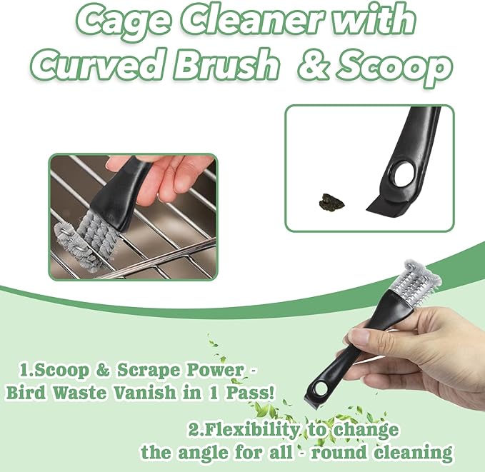 2 Pcs Bird Cage Cleaner Brush & Scoop with Long Handle and Curved Brush Head, 2-in-1 Bird Cage Cleaner with Front and Back Brushes for Kennel, and Parrot Perch Cleaning
