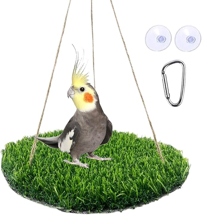 FlidRunest Large Bird Foraging Mat Toys, Natural Bird Grass Hammock Swing Toy with Hooks, Climbing Perch Hanging Toy for Parakeets, Parrot, Cockatiels, Bearded Dragon, Snake