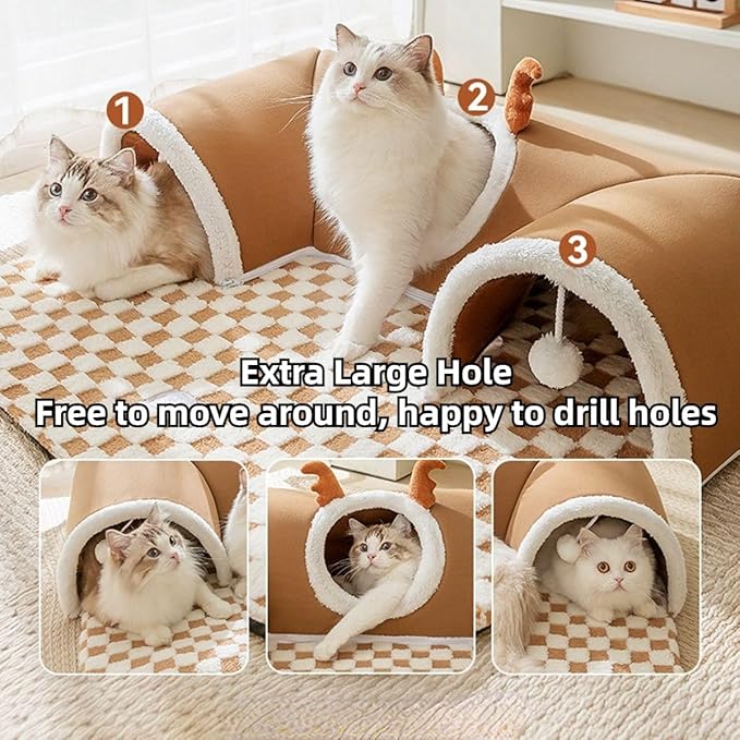 Cat Tunnel Bed Indoor, Peekaboo Cave Bed for Multiple Cats,Kitty Tube with Balls Toys,Removable Cat House Washable,Small Animal Tunnel for Kitty,Bunny (Brown,Small)